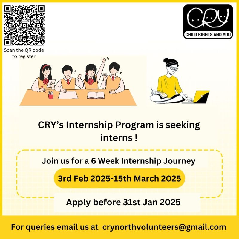 Application Invited for CRY’s Internship Programme